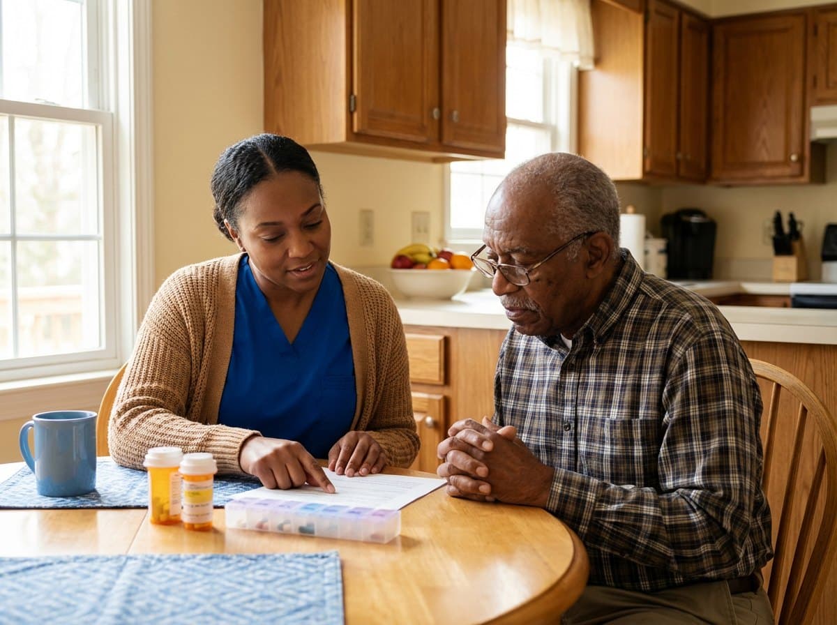 A nurse reviews medications with an older man at his kitchen table