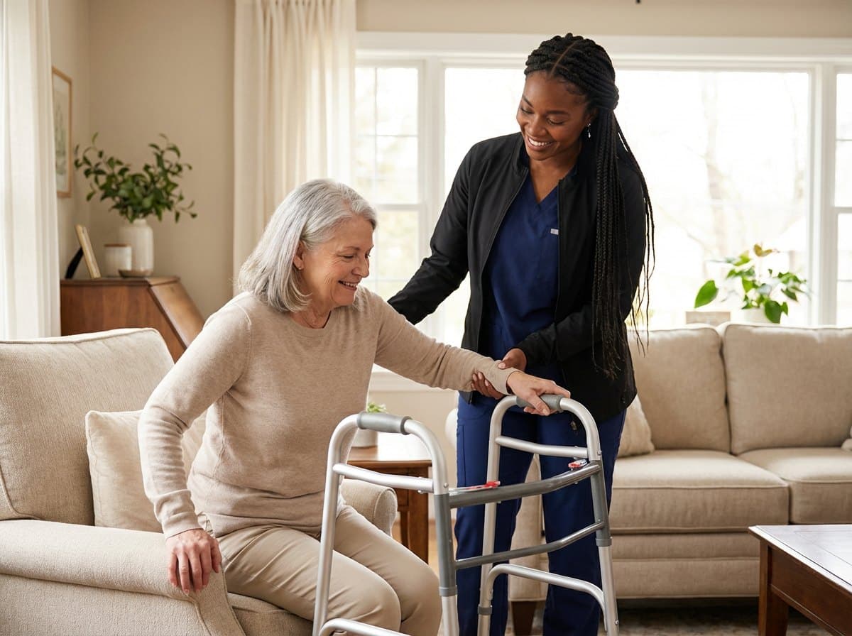 A caregiver steadies an older woman as she rises to her walker